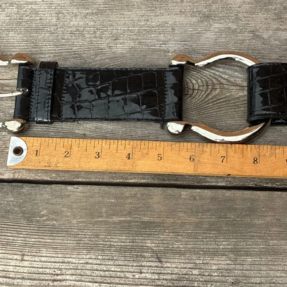 Cache Belt 40' Croc Embossed Patent Leather Wide Black L Horseshoe Buckle 7227
